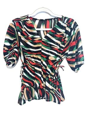 Zara Striped V-Neck Cinched-Waist Blouse in Black, Green, Red & Cream